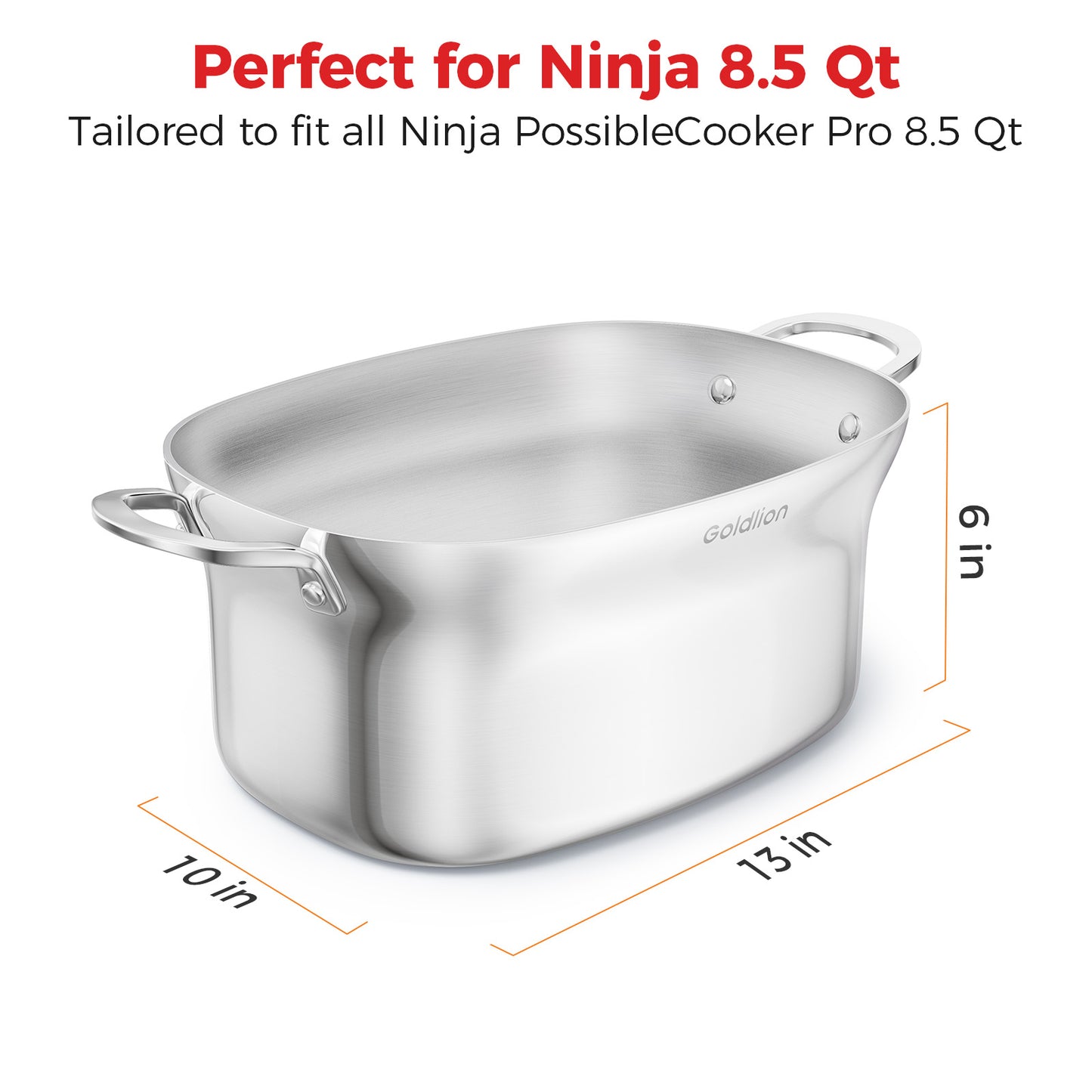 Goldlion Stainless Steel Inner Pot Compatible with Ninja Crockpot Slow Cooker 8.5 Qt - Replacement Insert Part - Accessories for Ninja Foodi Possiblecooker 8.5 Quart