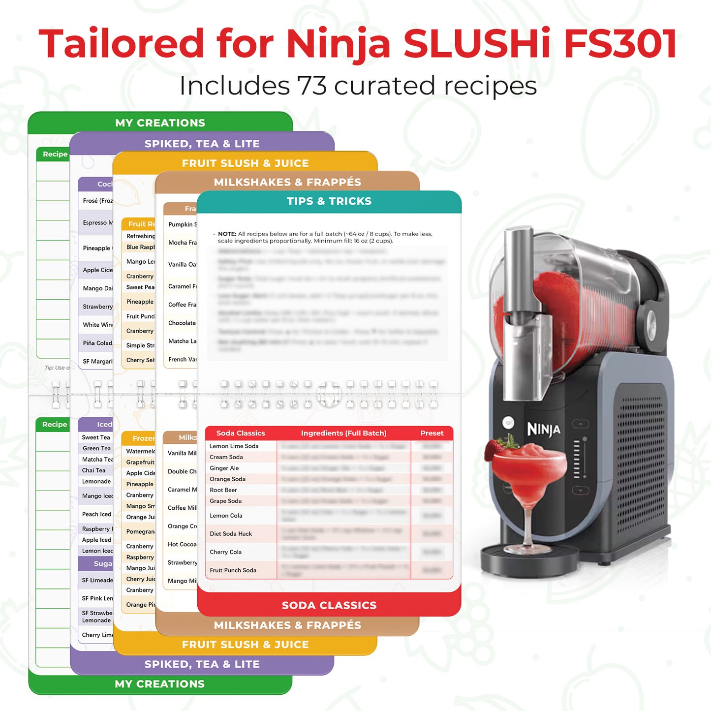 Goldlion Magnetic Cheat Sheet for Ninja SLUSHi FS301 Accessories, 73 Recipes & Presets Quick Reference Guide, Waterproof Flip Booklet for Ninja Frozen Drink Maker 88 oz