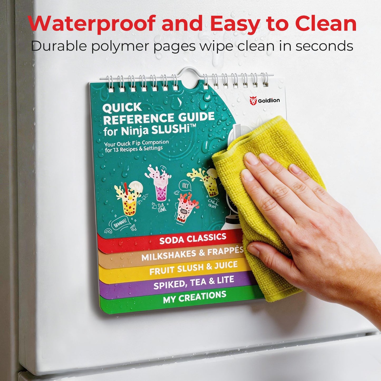Goldlion Magnetic Cheat Sheet for Ninja SLUSHi FS301 Accessories, 73 Recipes & Presets Quick Reference Guide, Waterproof Flip Booklet for Ninja Frozen Drink Maker 88 oz